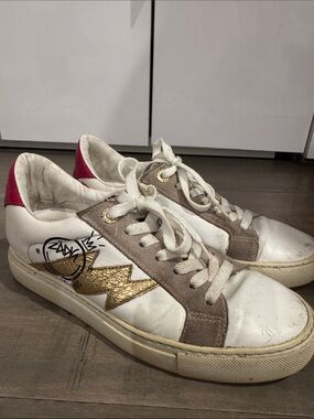 Zadig & Voltaire White Leather Sneakers with Gold Lightning and Pink Heel
